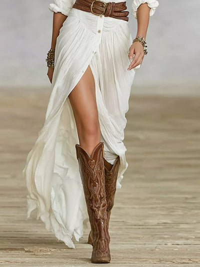 Long Belted Dress | Pleated Lapels in Cotton and Linen