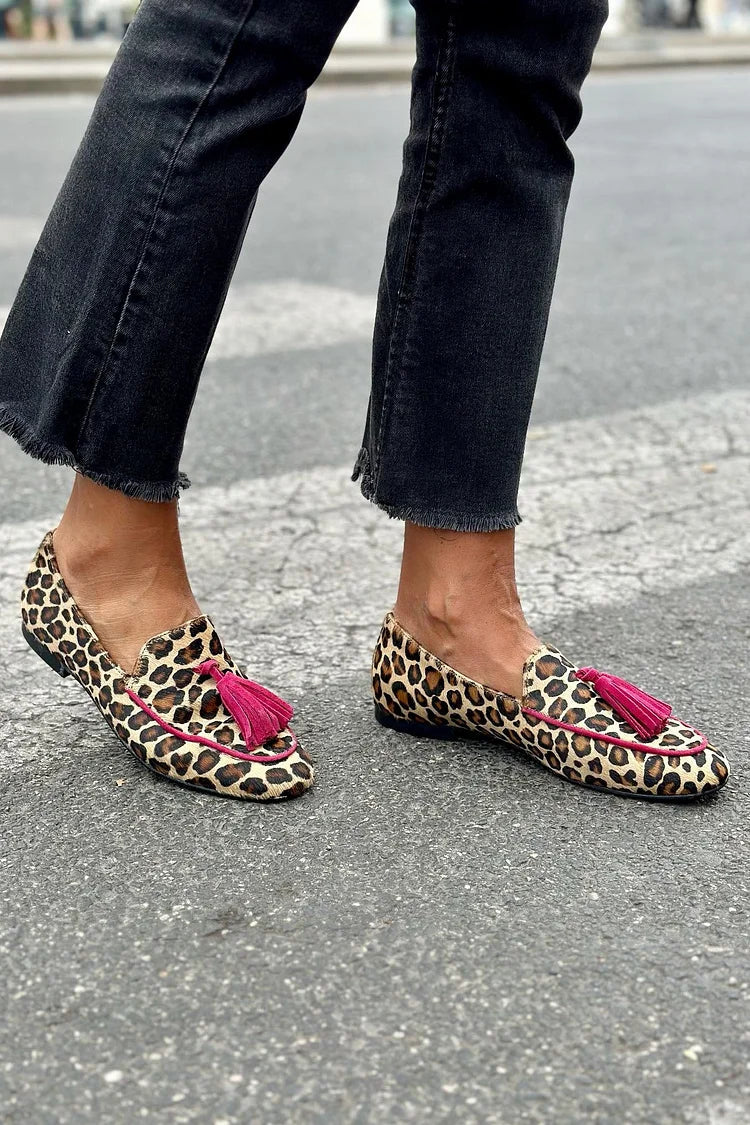 Sophia | Animal Print Loafer with Fuchsia Fringes