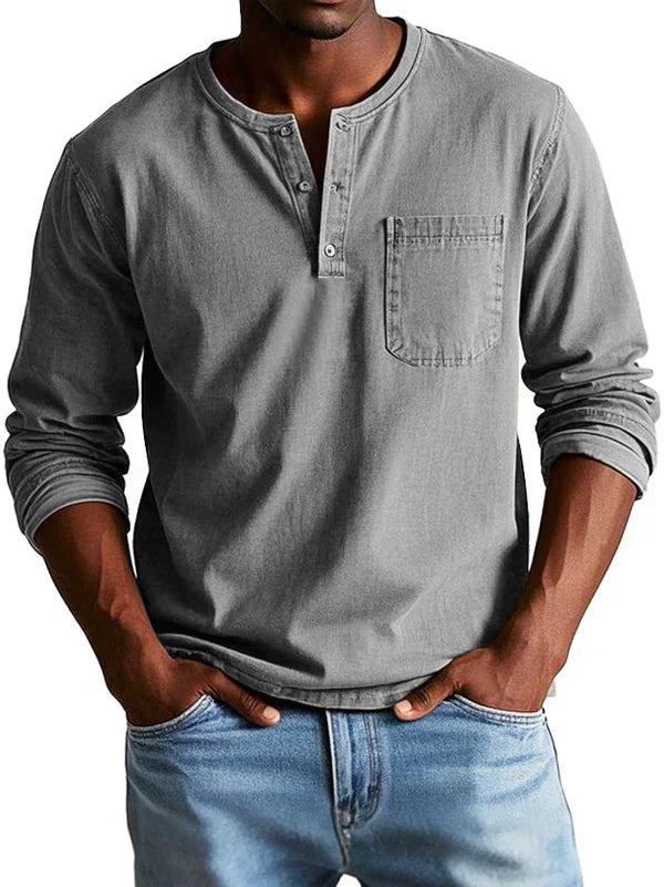 Men's Long Sleeve Henley Shirt with Button Placket and Chest Pocket
