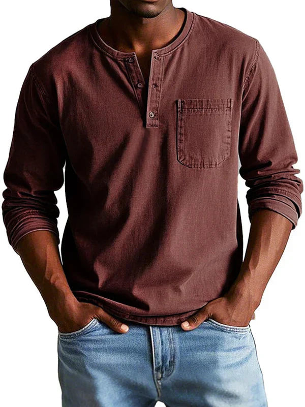Men's Long Sleeve Henley Shirt with Button Placket and Chest Pocket