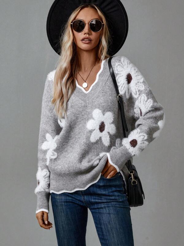 Renata | Women's Floral Motif V-Neck Sweater