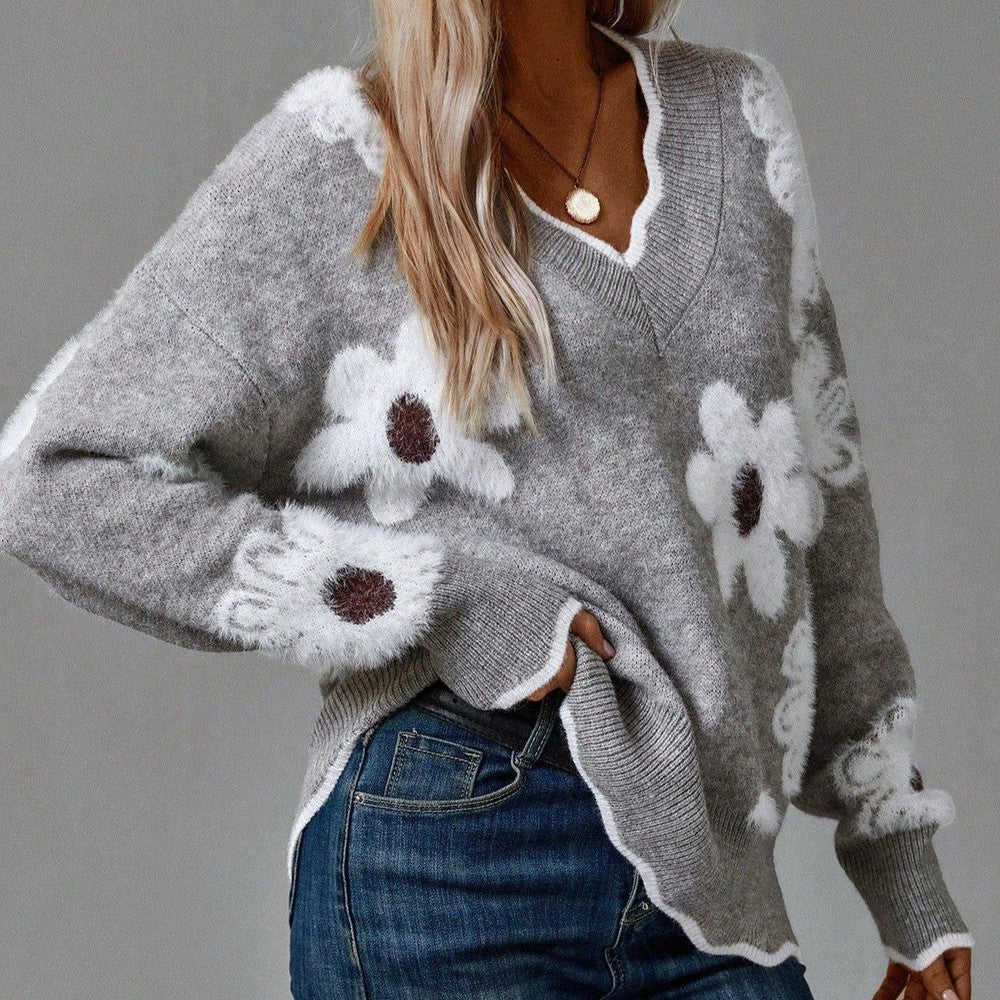 Renata | Women's Floral Motif V-Neck Sweater