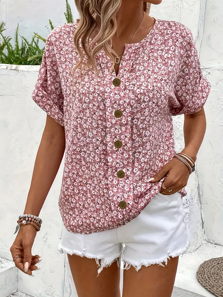 Women's Floral Button-Front Blouse with Notched Neckline and Short Sleeves