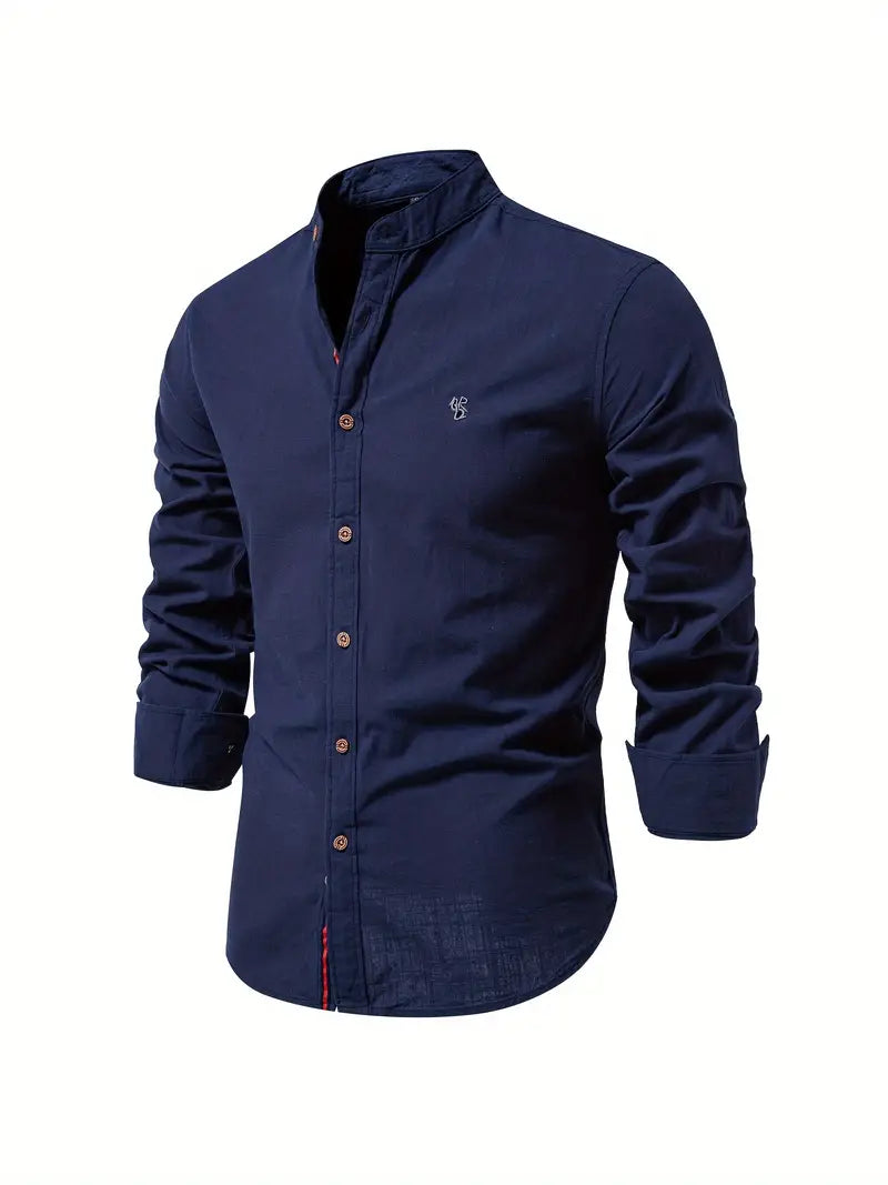 Men's Long Sleeve Button-Front Shirt with Band Collar and Chest Emblem