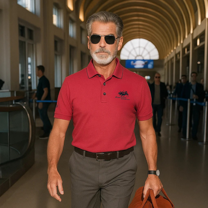 Men's Short Sleeve Polo Shirt with Contrast Tipped Collar and Embroidered Chest Motif