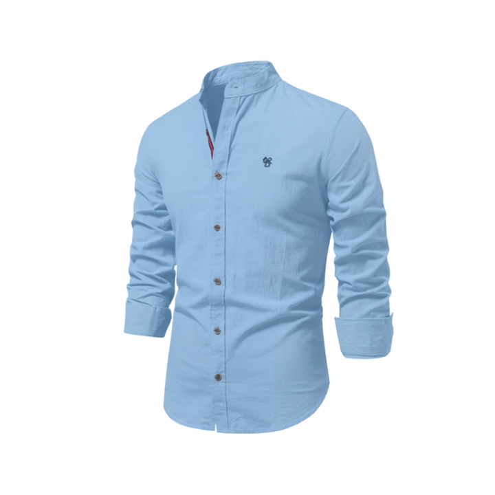 Men's Long Sleeve Button-Front Shirt with Band Collar and Chest Emblem