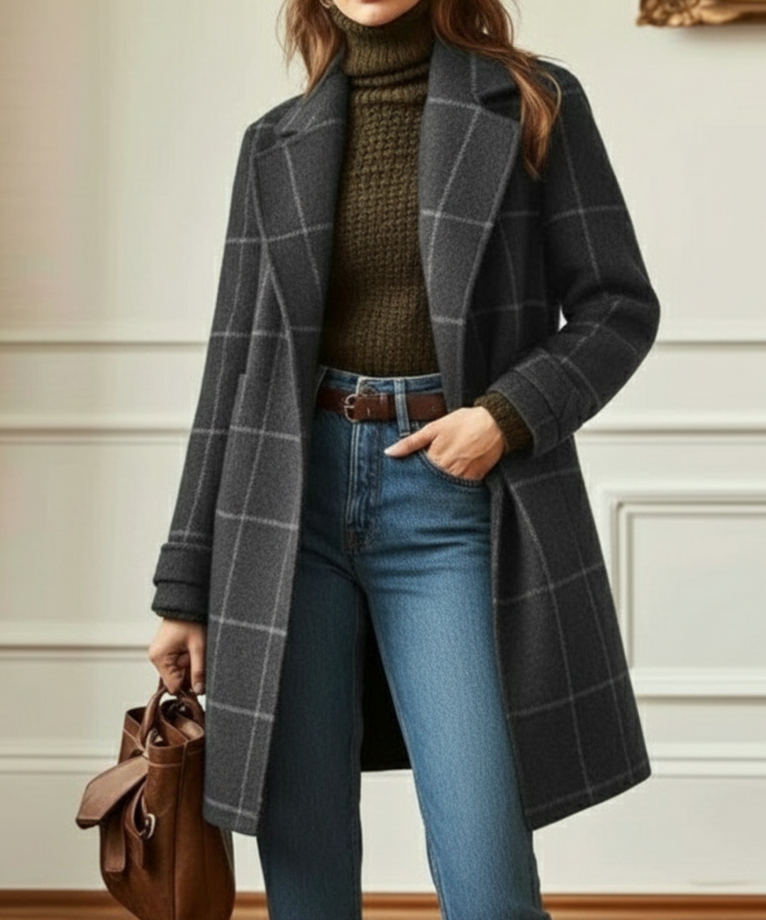 Colette | Women's Longline Windowpane Check Coat with Notch Lapel
