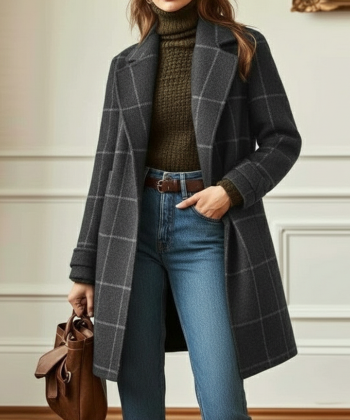 Colette | Women's Longline Windowpane Check Coat with Notch Lapel