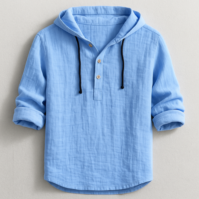 Men's Hooded Button-Placket Shirt with Drawstring and Rolled Sleeves