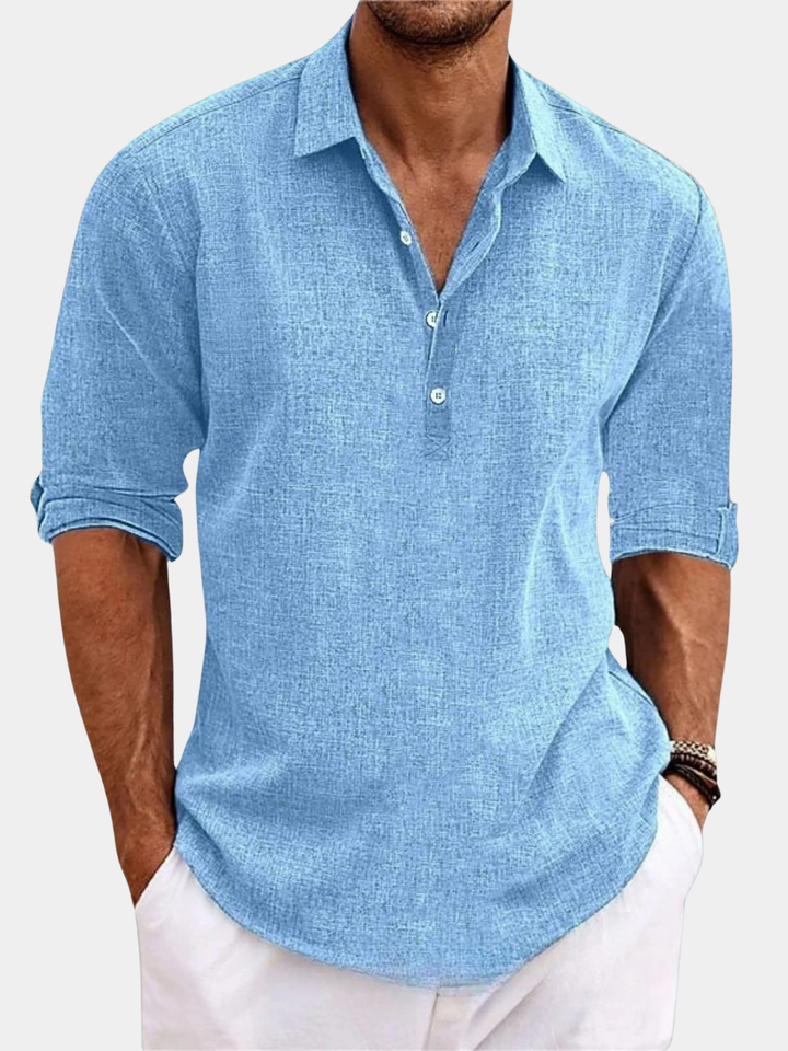 Men's Collared Half-Button Shirt with Roll-Up Long Sleeves and Curved Hemline