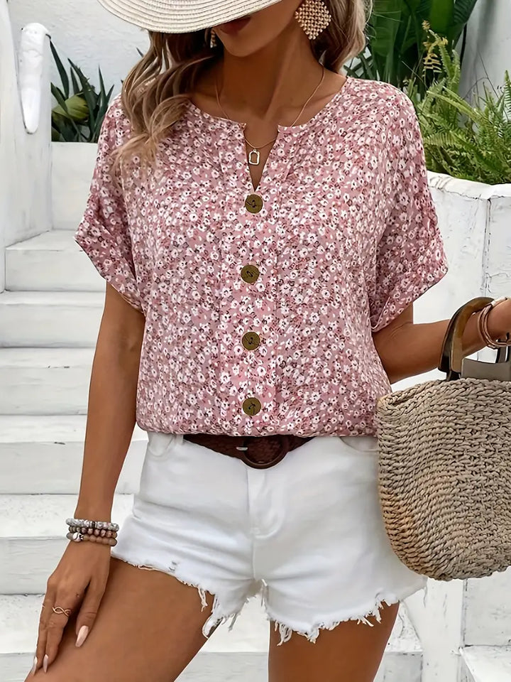 Women's Floral Button-Front Blouse with Notched Neckline and Short Sleeves
