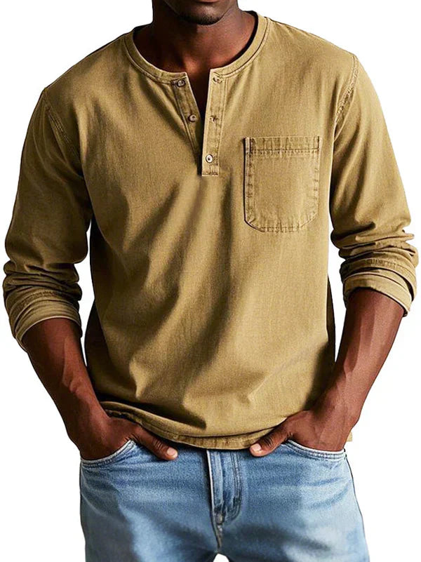 Men's Long Sleeve Henley Shirt with Button Placket and Chest Pocket