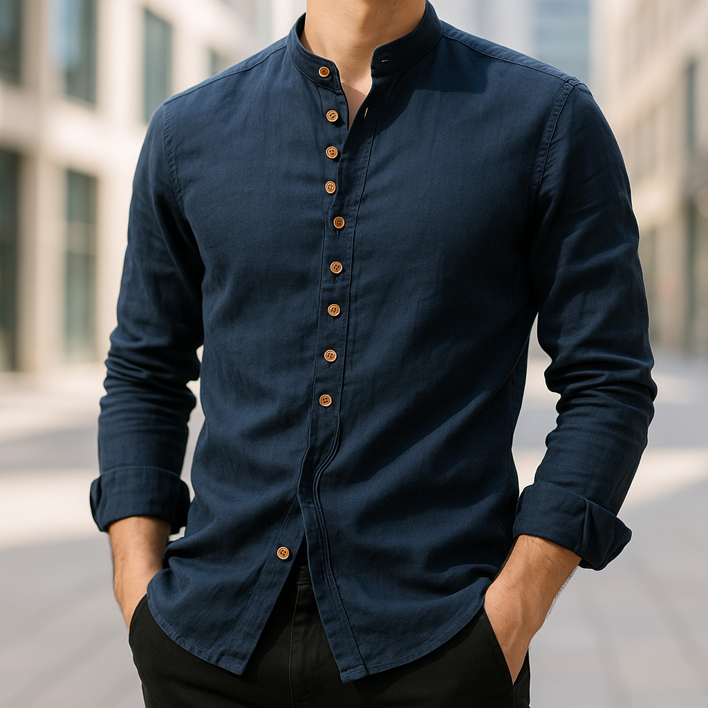 Men's Band Collar Button-Front Shirt with Long Sleeves and Curved Hemline