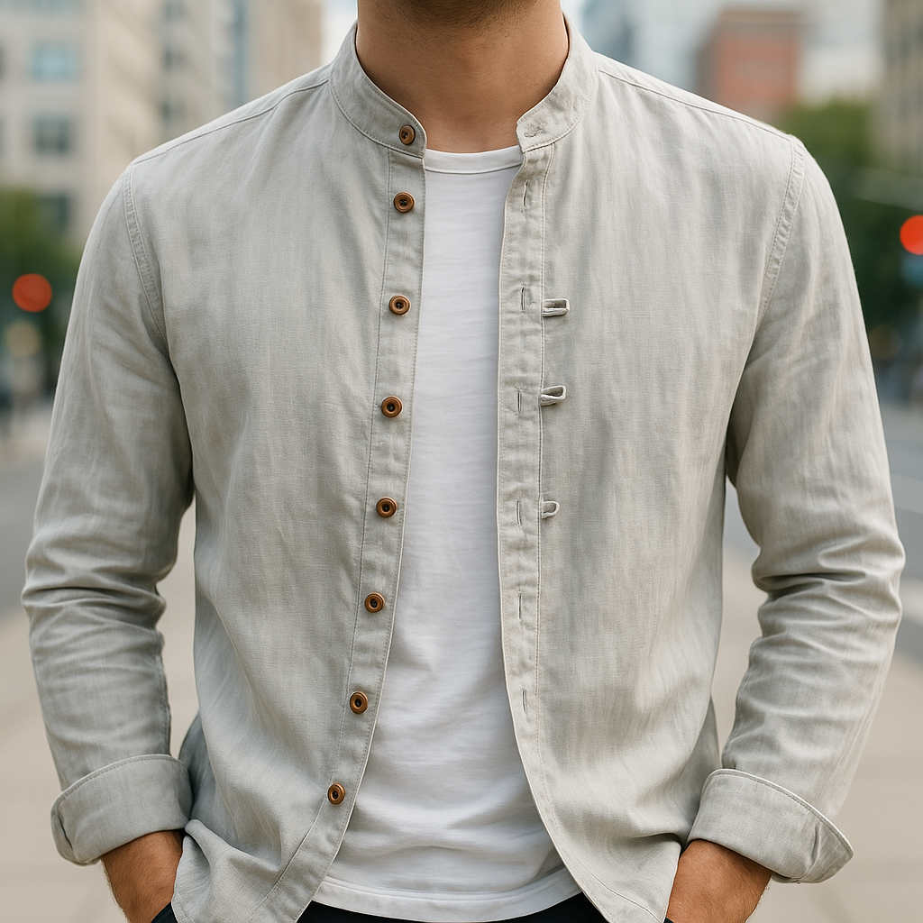 Men's Band Collar Button-Front Shirt with Long Sleeves and Curved Hemline
