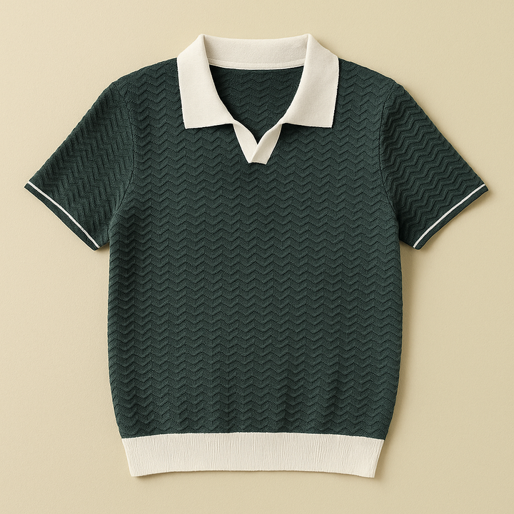 Men's Short Sleeve Knit Polo Shirt with Contrast Collar and Zigzag Pattern