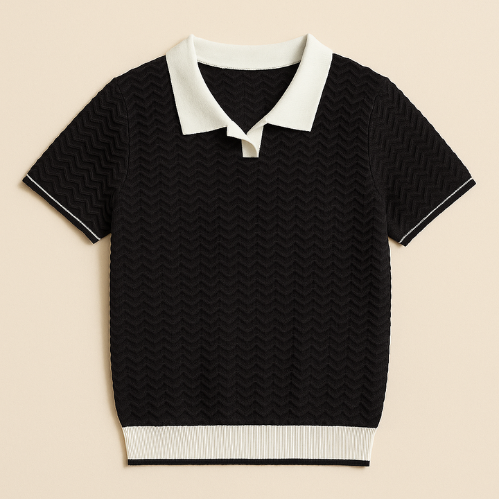 Men's Short Sleeve Knit Polo Shirt with Contrast Collar and Zigzag Pattern