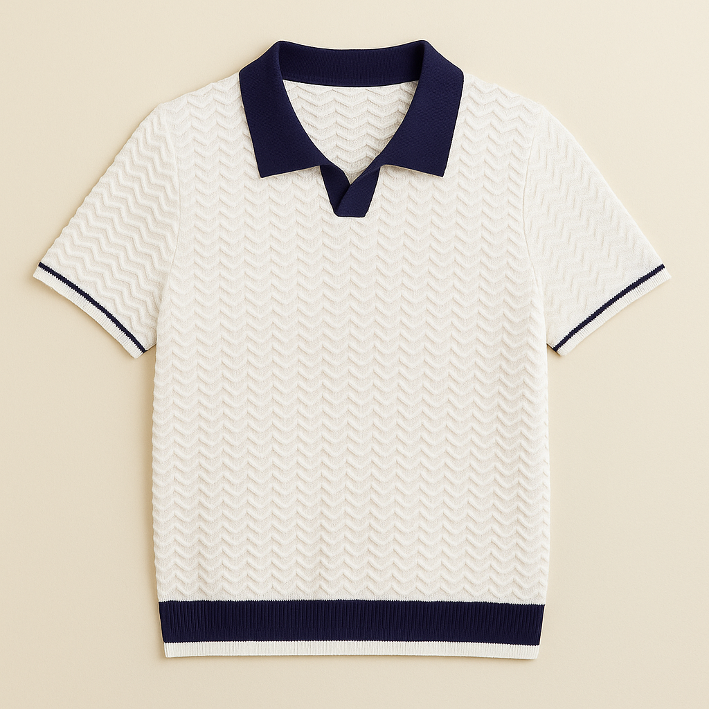 Men's Short Sleeve Knit Polo Shirt with Contrast Collar and Zigzag Pattern