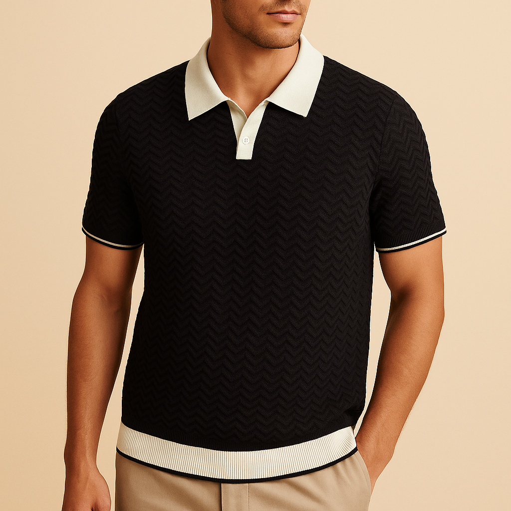Men's Short Sleeve Knit Polo Shirt with Contrast Collar and Zigzag Pattern