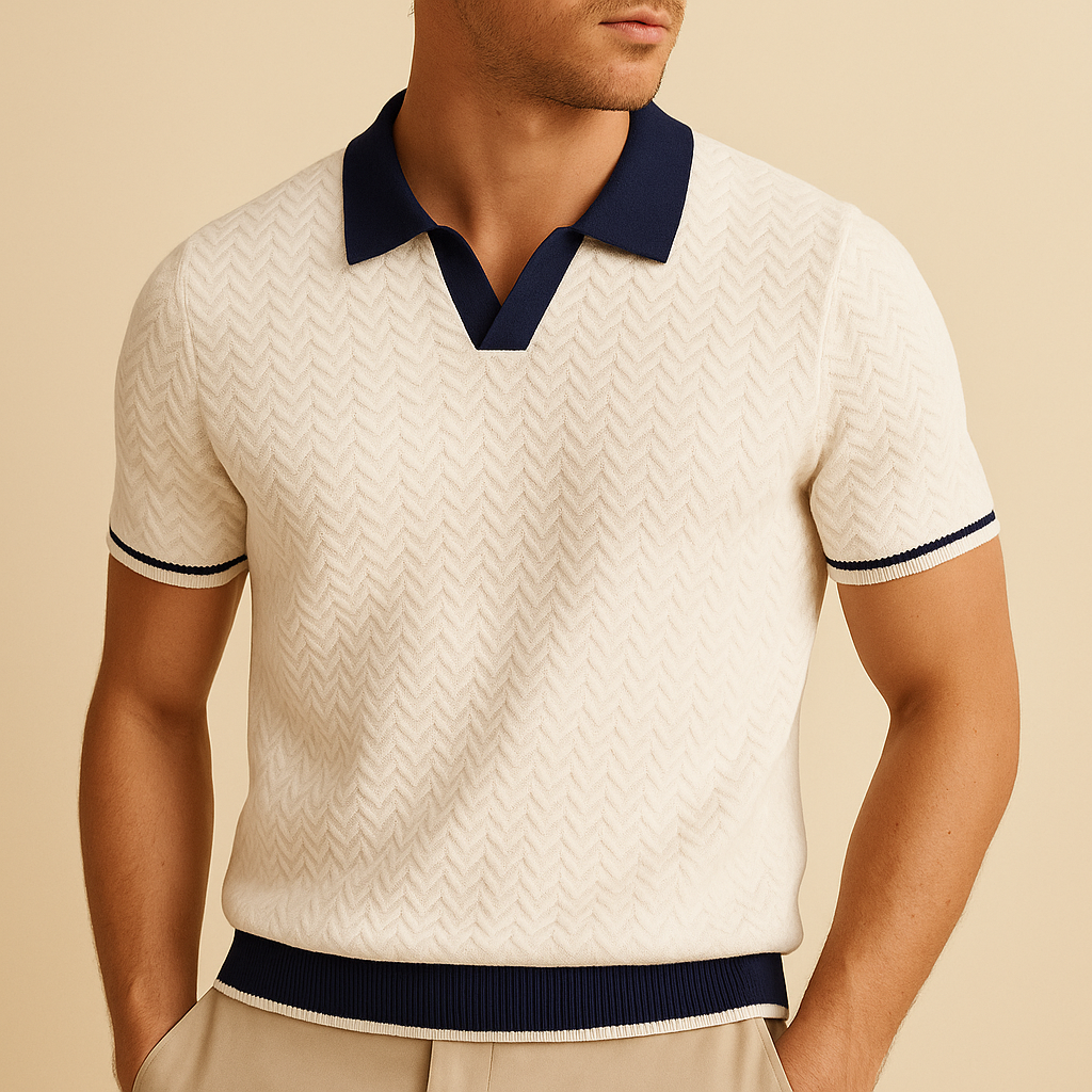 Men's Short Sleeve Knit Polo Shirt with Contrast Collar and Zigzag Pattern
