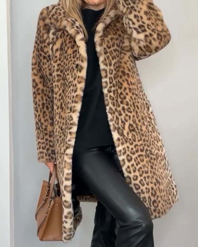Aurore | Women's Longline Open-Front Leopard-Print Coat with Shawl Collar