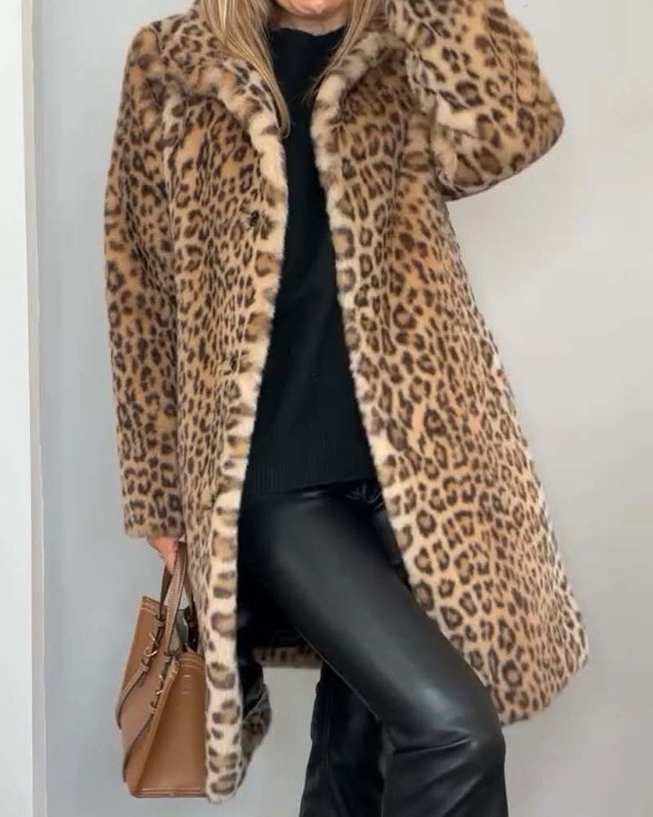 Aurore | Women's Longline Open-Front Leopard-Print Coat with Shawl Collar