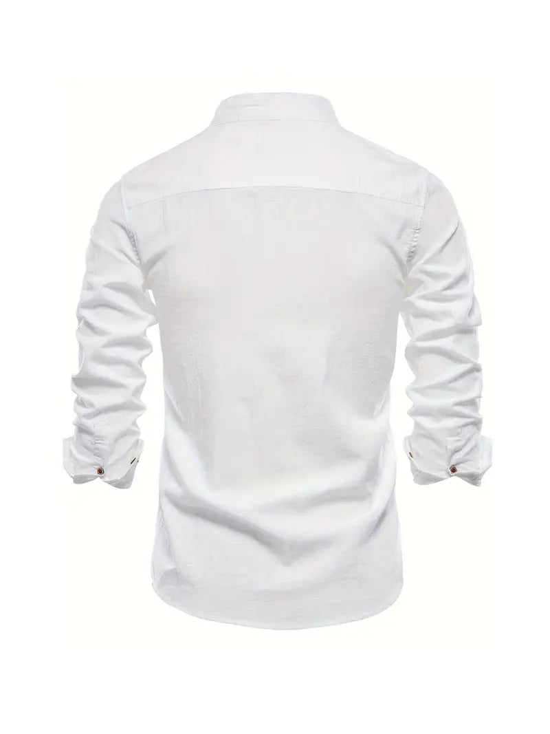 Men's Long Sleeve Button-Front Shirt with Band Collar and Chest Emblem