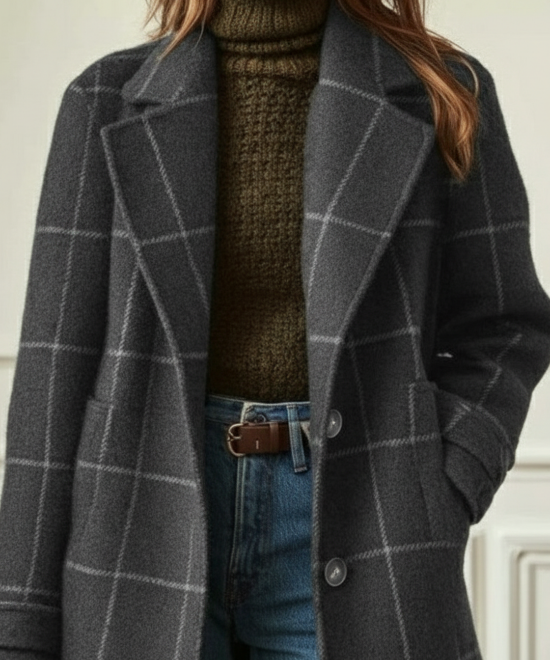 Colette | Women's Longline Windowpane Check Coat with Notch Lapel