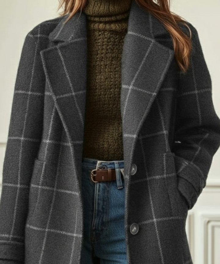 Colette | Women's Longline Windowpane Check Coat with Notch Lapel