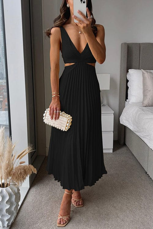 Women's Pleated Midi Dress with Flared Skirt