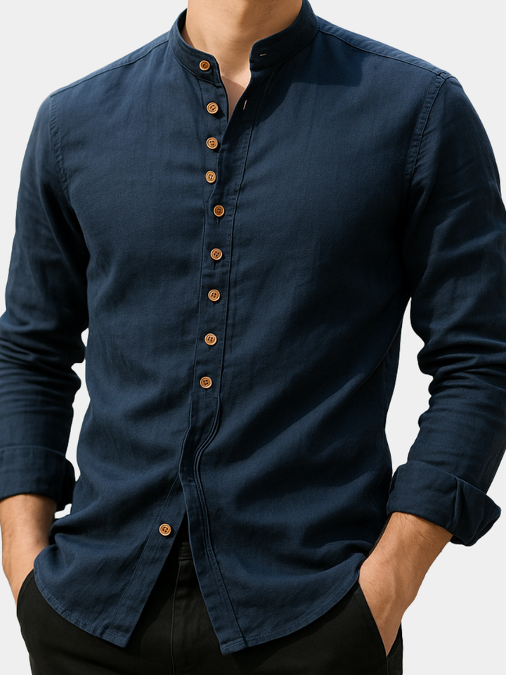 Men's Band Collar Button-Front Shirt with Long Sleeves and Curved Hemline