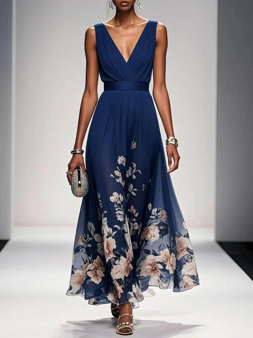 Women's Sleeveless V-Neck Floral Maxi Dress with Wide Shoulder Straps and Waistband Seam