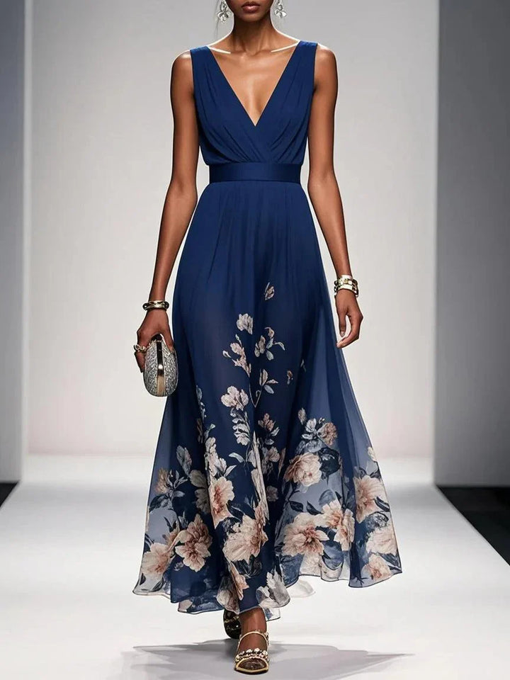 Women's Sleeveless V-Neck Floral Maxi Dress with Wide Shoulder Straps and Waistband Seam