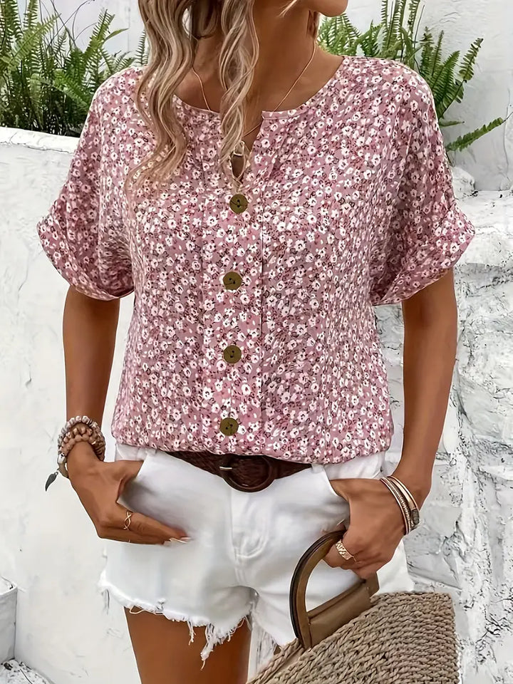 Women's Floral Button-Front Blouse with Notched Neckline and Short Sleeves