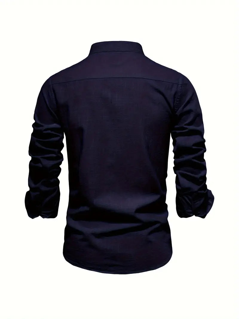 Men's Long Sleeve Button-Front Shirt with Band Collar and Chest Emblem