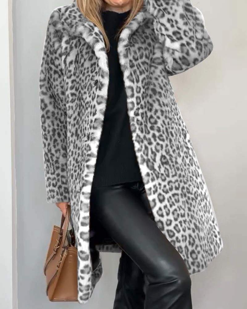 Aurore | Women's Longline Open-Front Leopard-Print Coat with Shawl Collar