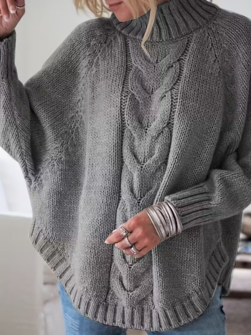 Gwenola | Women's Cable Knit Poncho Sweater with Roll Neck