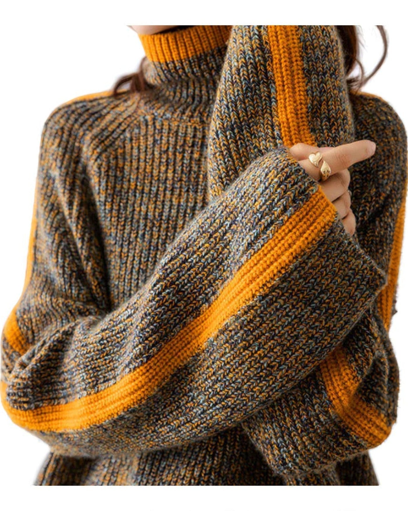 Marilena Pullover | Thick Knit High Collar with Orange Stripes