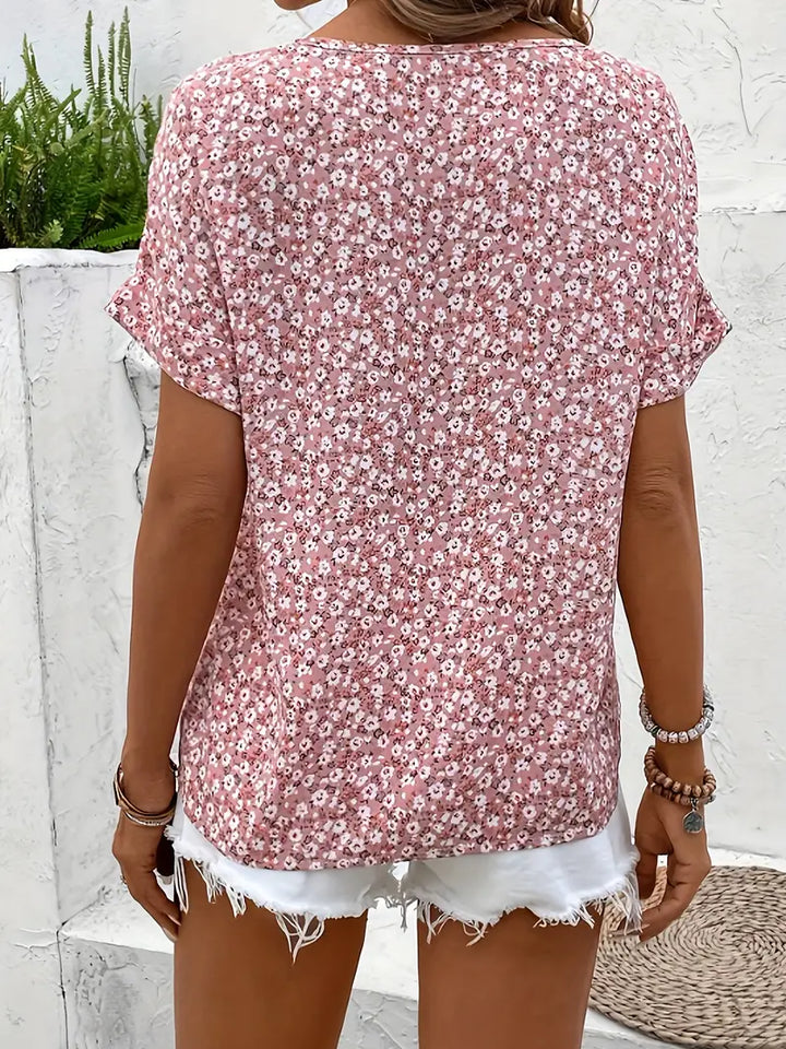 Women's Floral Button-Front Blouse with Notched Neckline and Short Sleeves