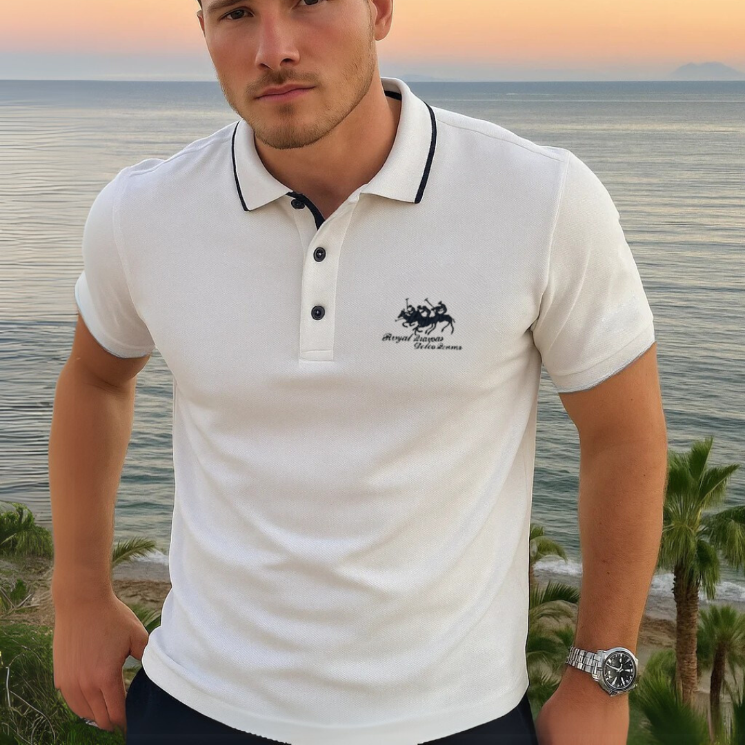 Men's Short Sleeve Polo Shirt with Contrast Tipped Collar and Embroidered Chest Motif