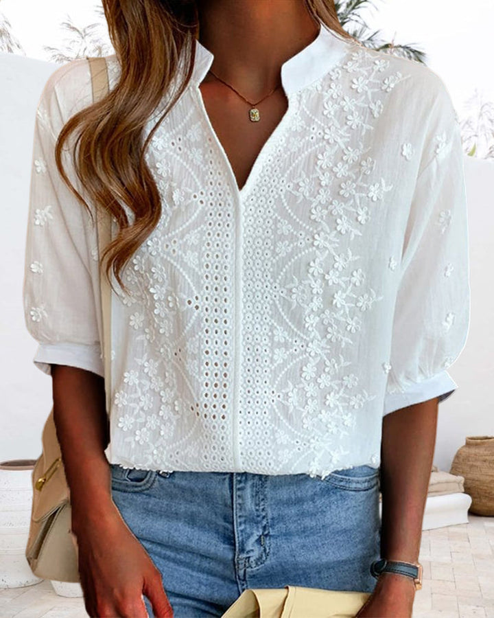 Women's Notch Neckline Embroidered Blouse with Puff Half Sleeves and Eyelet Front Panel