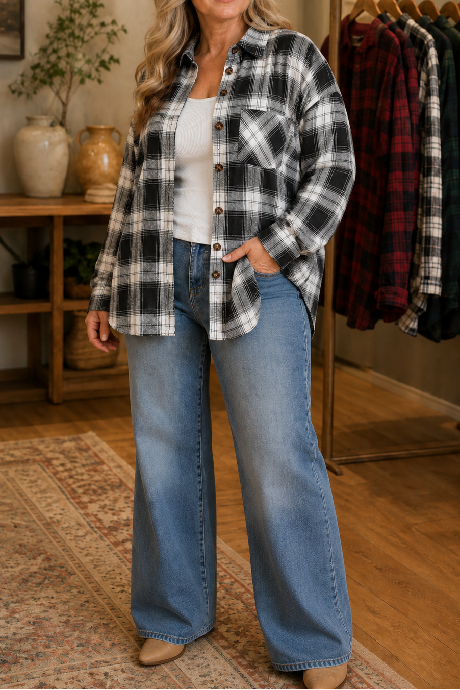 Solene | Women's Oversized Check Shacket with Chest Pockets