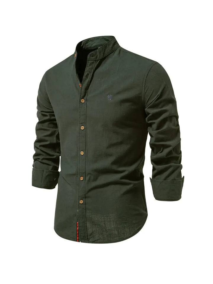 Men's Long Sleeve Button-Front Shirt with Band Collar and Chest Emblem