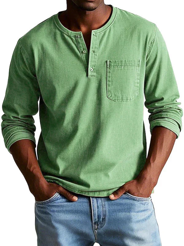 Men's Long Sleeve Henley Shirt with Button Placket and Chest Pocket
