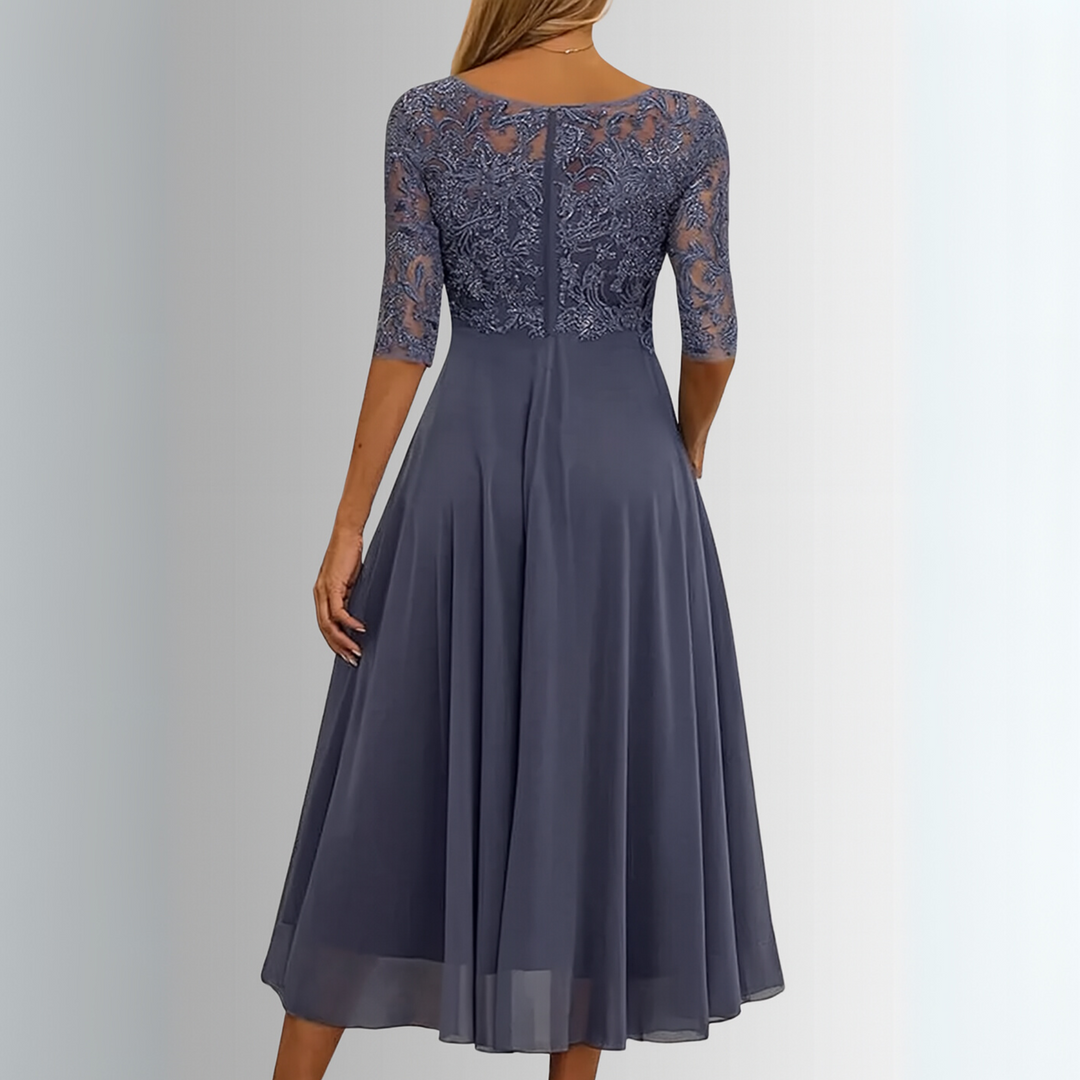 Women's Lace Bodice Round Neckline Midi Dress with Half Sleeves and Layered Skirt
