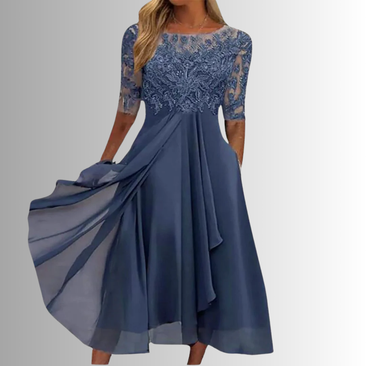 Women's Lace Bodice Round Neckline Midi Dress with Half Sleeves and Layered Skirt
