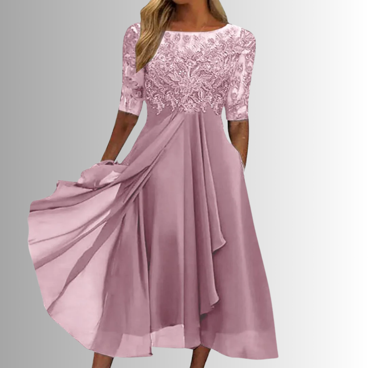 Women's Lace Bodice Round Neckline Midi Dress with Half Sleeves and Layered Skirt
