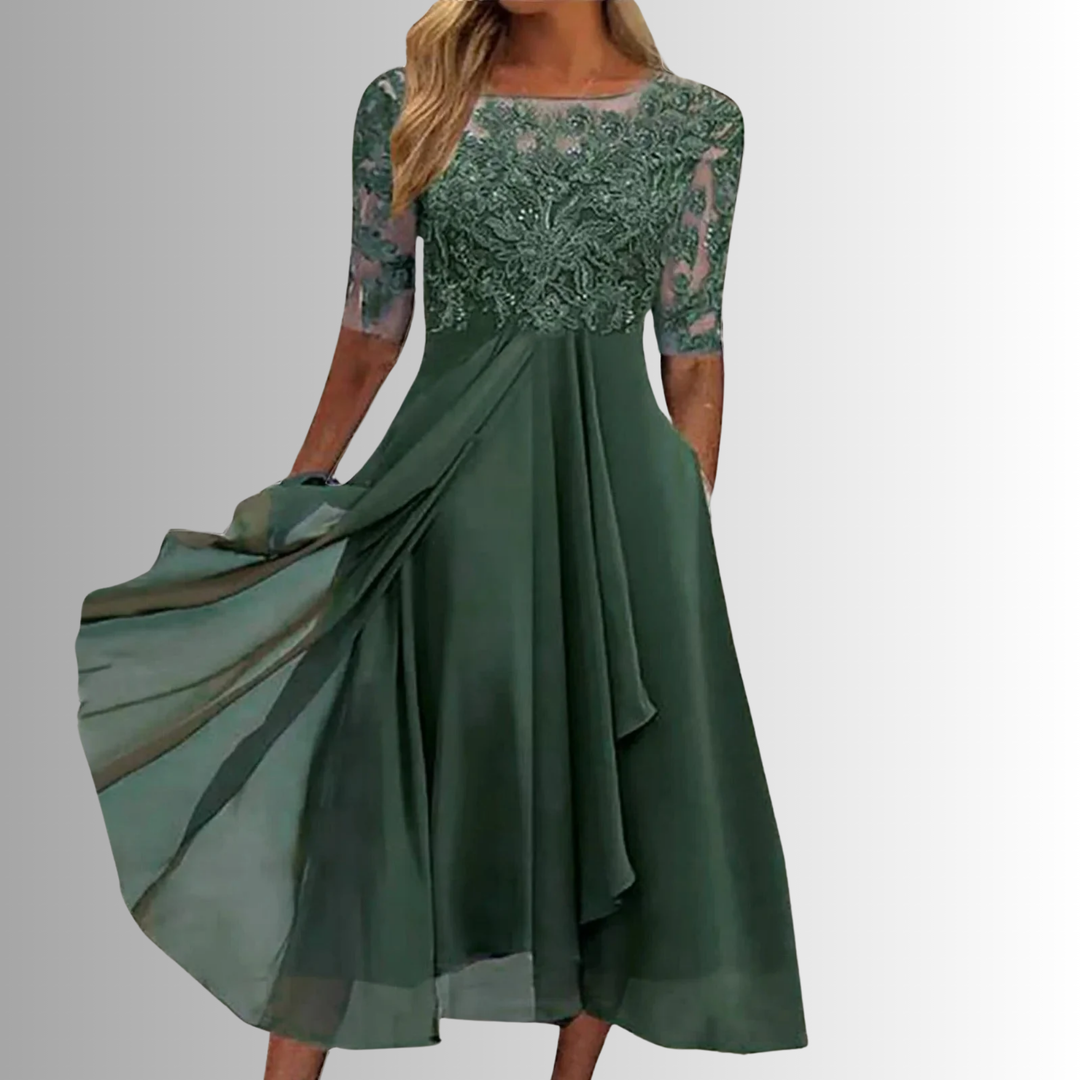 Women's Lace Bodice Round Neckline Midi Dress with Half Sleeves and Layered Skirt