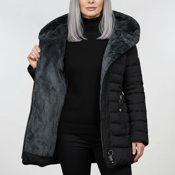 Oriane | Women's Longline Puffer Coat with Trimmed Hood