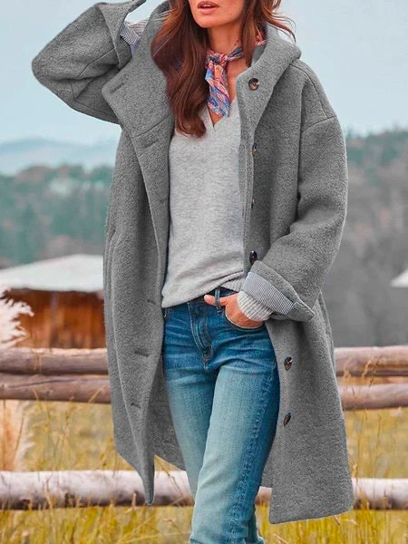 Tiphaine | Women's Longline Hooded High-Pile Coat with Button Front