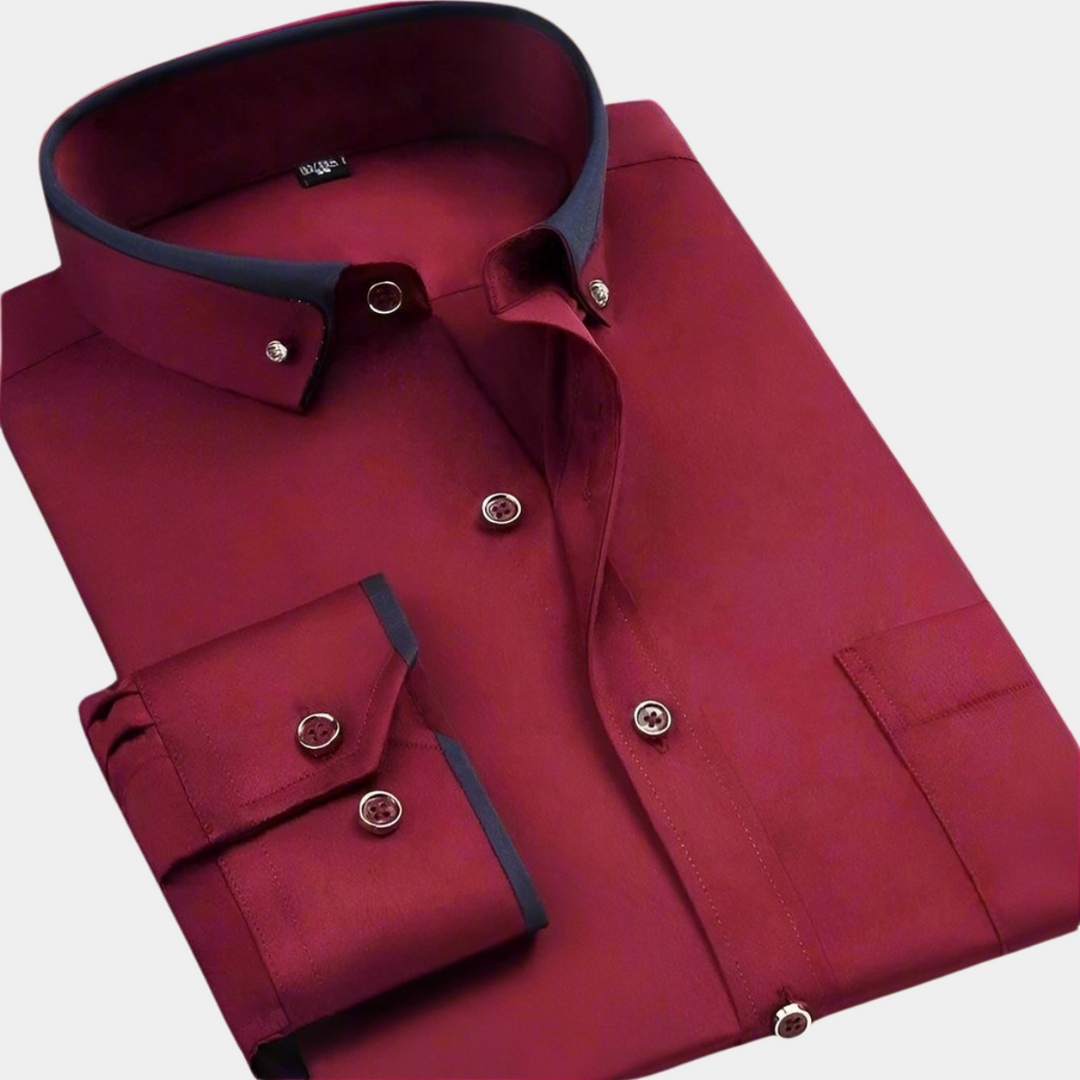 Men's Button-Front Shirt with Contrast Collar Trim and Long Sleeves
